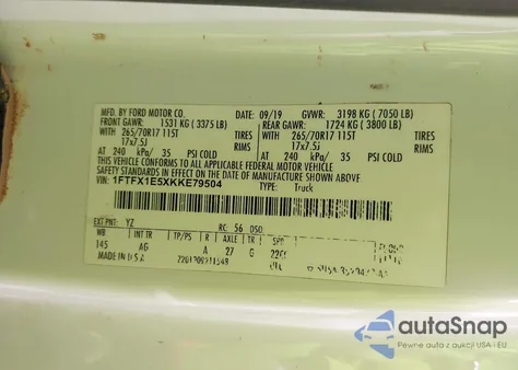 2019 Ford F-150 Xl z USA, uszkodzony, nr VIN 1FTFX1E5XKKE79504